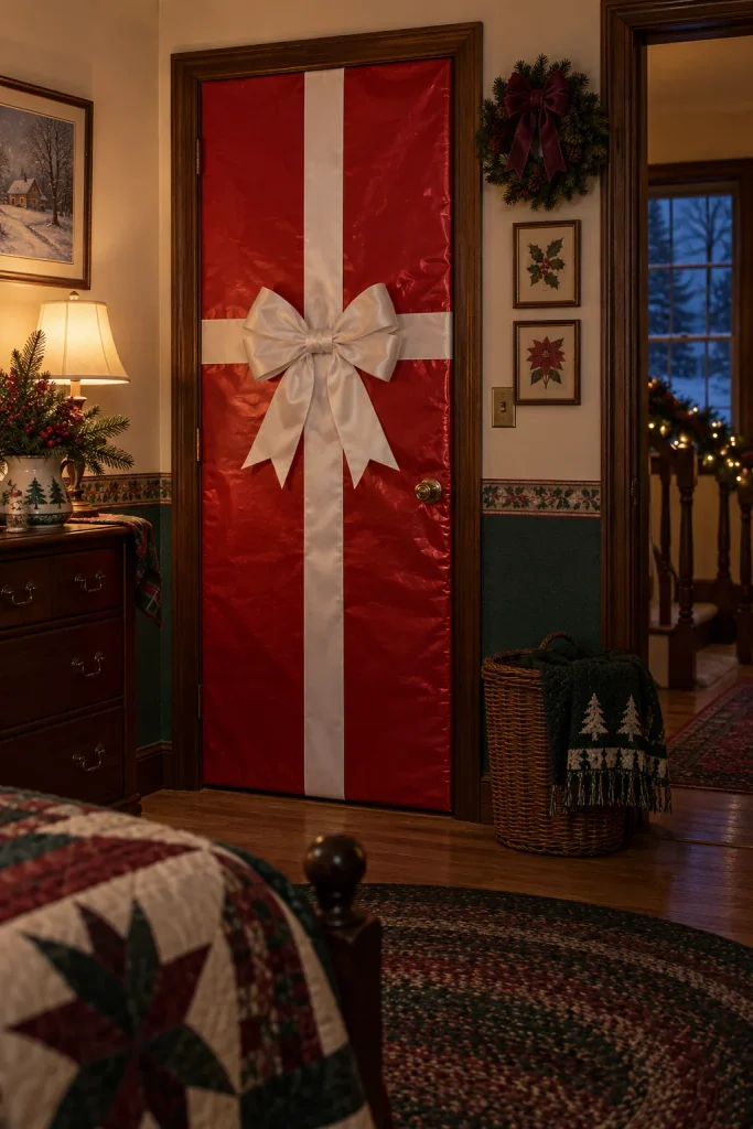 Bedroom door wrapped in shiny red paper with a giant white ribbon and bow
