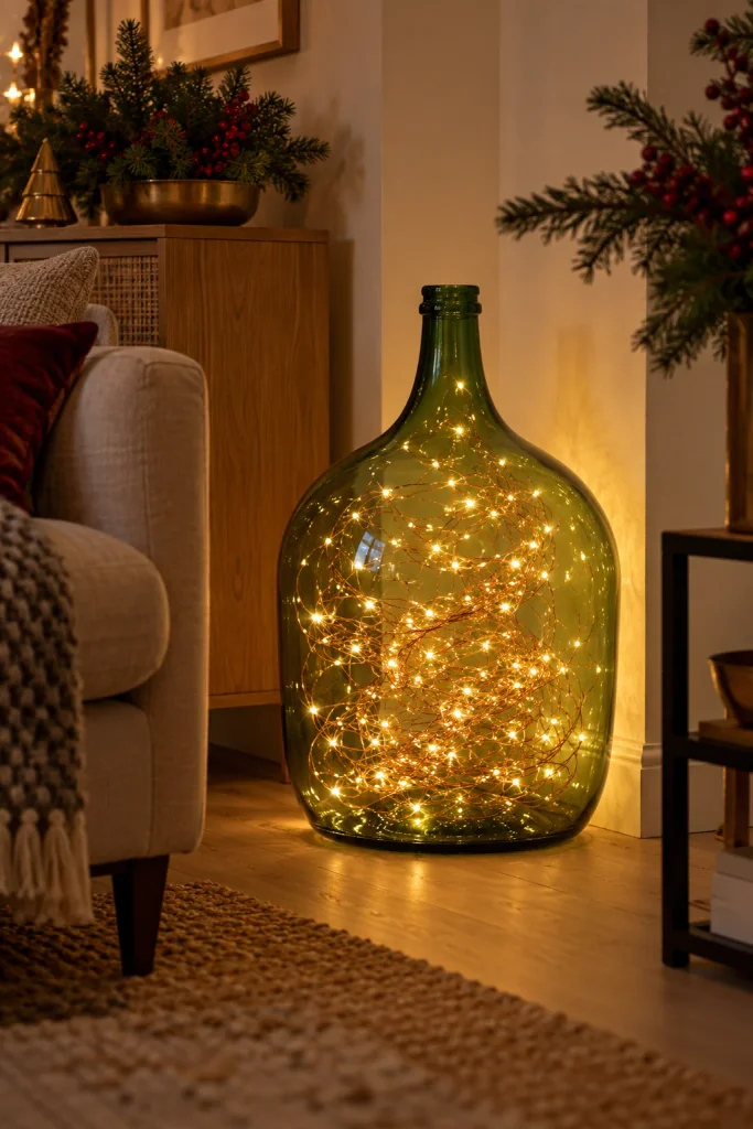 Large green glass demijohn filled with glowing copper wire fairy lights in a dim living room corner