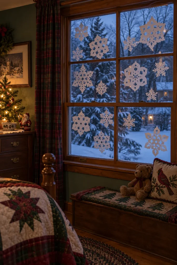 Hand-cut white paper snowflakes taped across a bedroom window