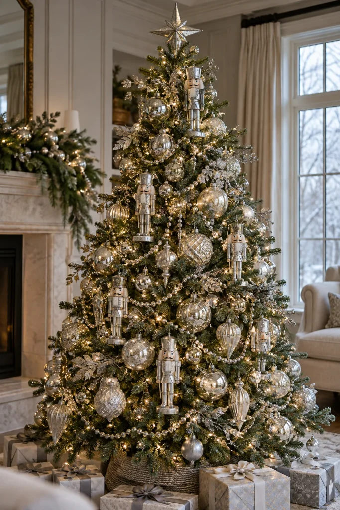 Silver mercury glass Christmas tree with silver nutcrackers and bead garland