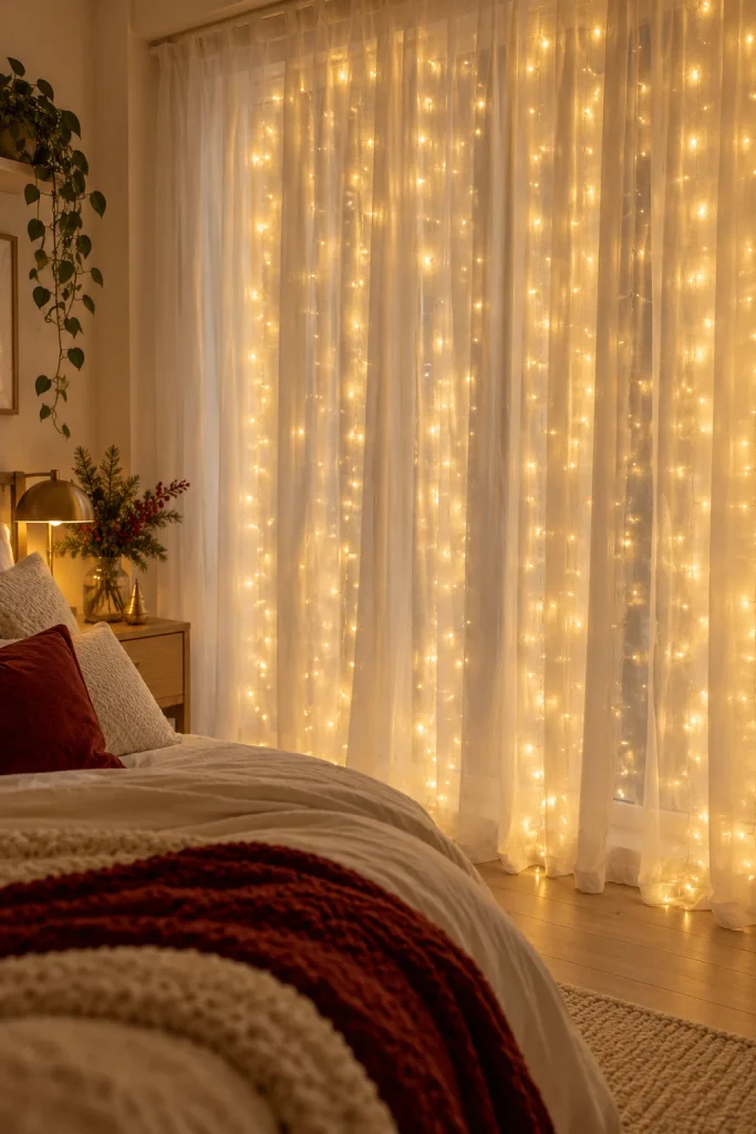 Warm white curtain string lights glowing behind sheer white curtains in a bedroom