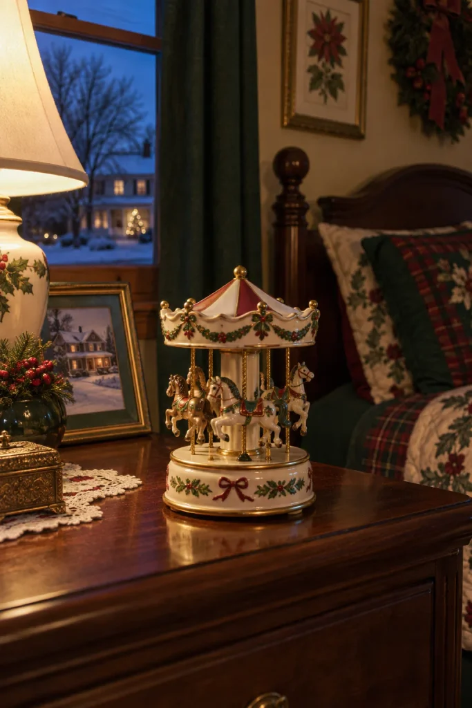Porcelain Christmas carousel music box with tiny horses on a nightstand