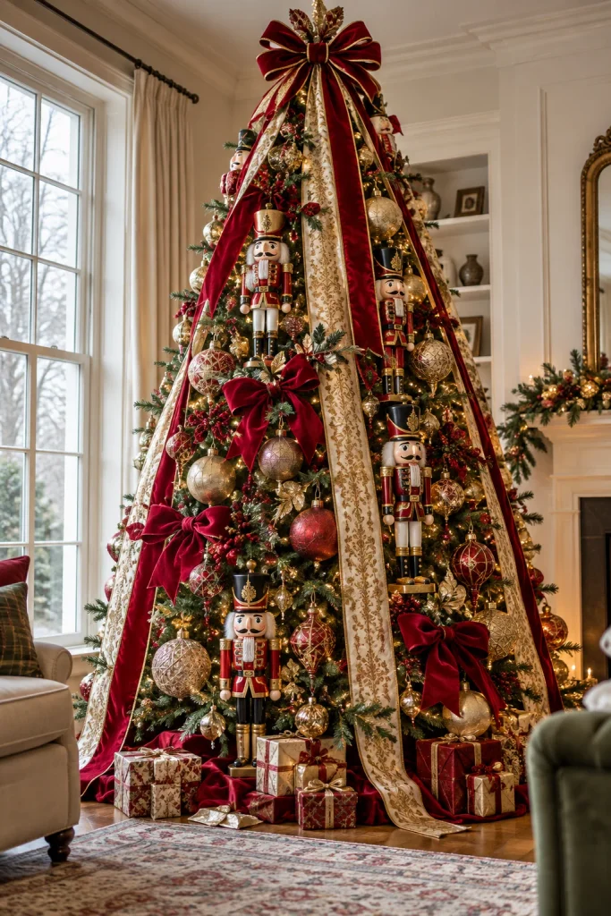 Tall Christmas tree with ribbons cascading from the topper and oversized nutcracker ornaments