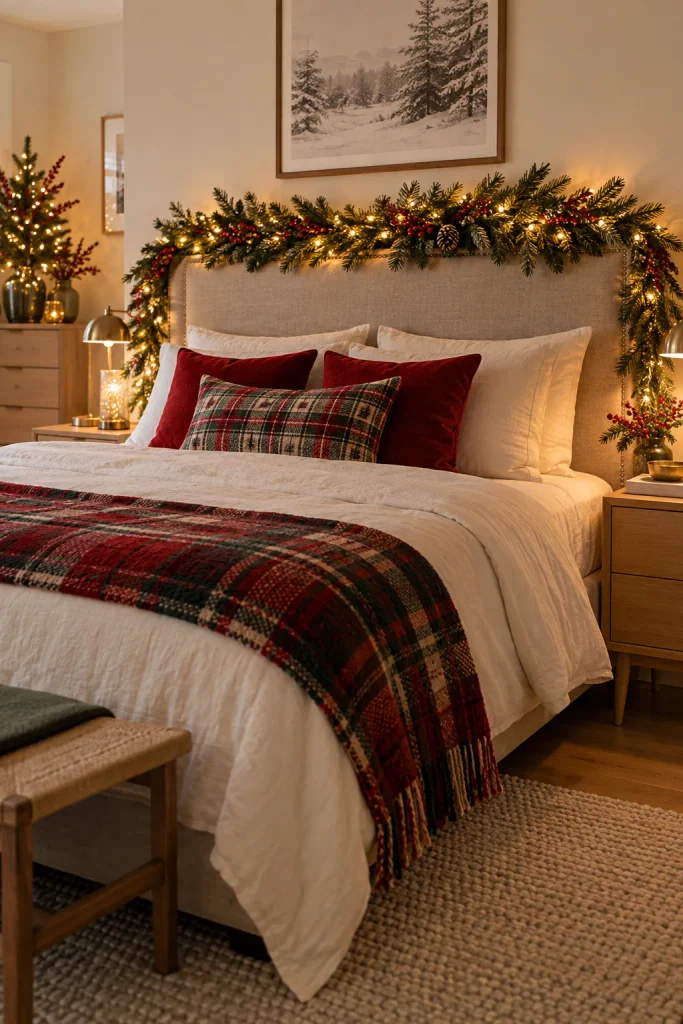 Upholstered headboard draped with pine garland and warm micro lights with a plaid throw on the bed