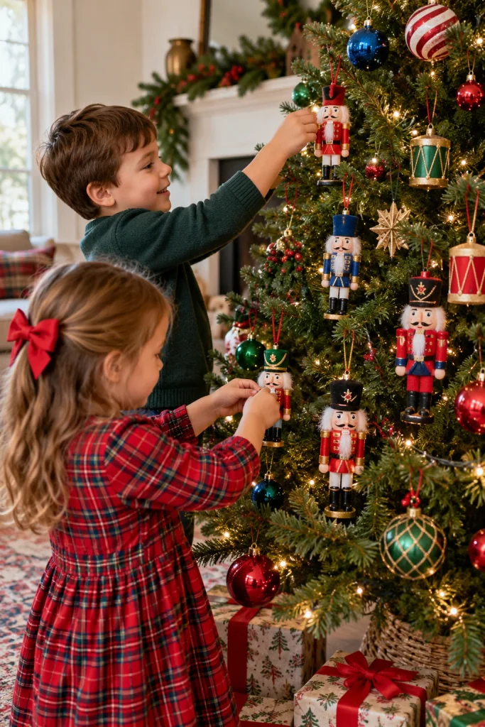 Kid-friendly Christmas tree with felt and plastic nutcracker ornaments in bright primary colors