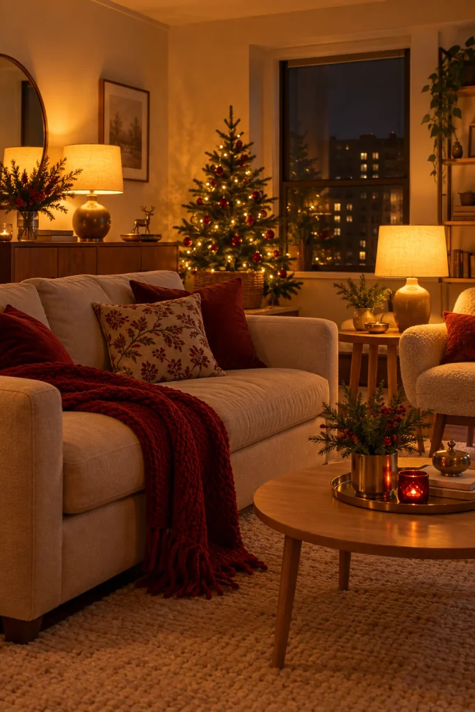 Cozy living room lit by table lamps with warm amber bulbs glowing over a sofa and small tree