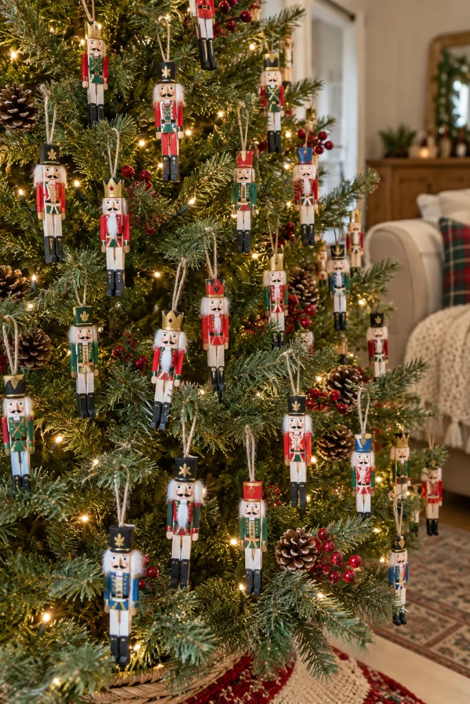 Christmas tree decorated with hand-painted wooden clothespin nutcracker ornaments