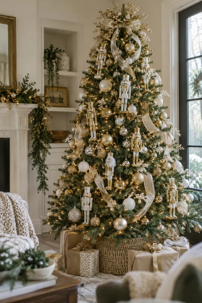 Christmas tree with dollar store nutcrackers spray painted gold and white