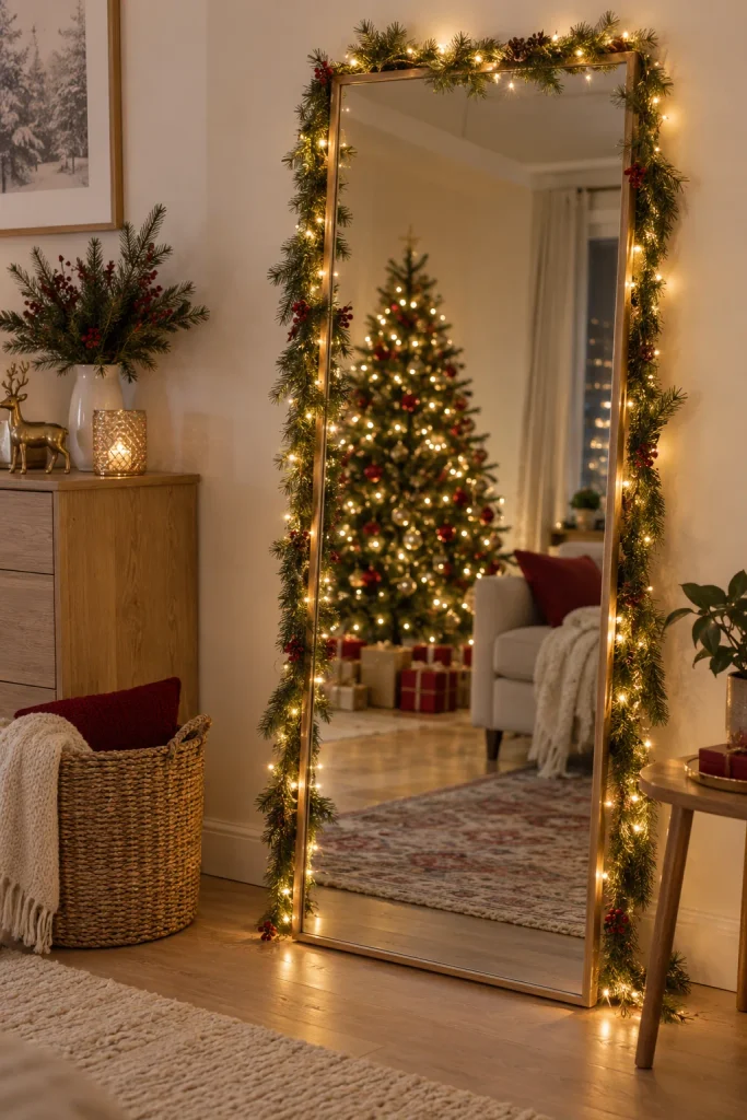 Full-length floor mirror framed with thin pine garland and warm fairy lights