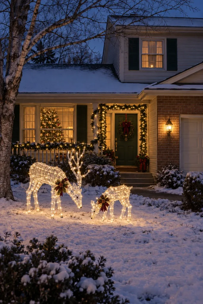 White wire-frame light-up reindeer grazing on a front lawn