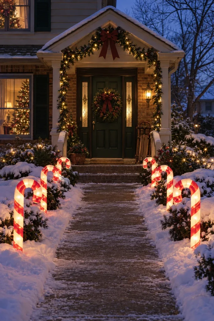 Oversized light-up candy canes lining a front walkway