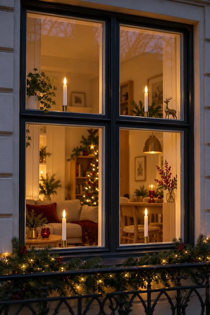 White LED window candles glowing in each pane of an apartment window at dusk
