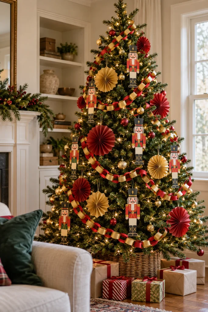 Christmas tree with paper nutcracker cutouts, red and gold paper chains, and paper fans