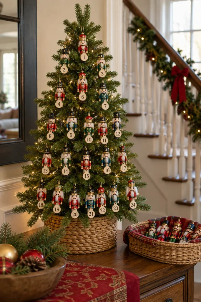 Small Christmas tree with numbered mini nutcrackers for an advent countdown