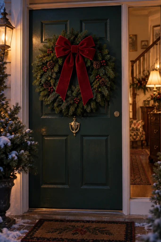 Pine wreath with a large red velvet bow on a green front door with a brass knocker