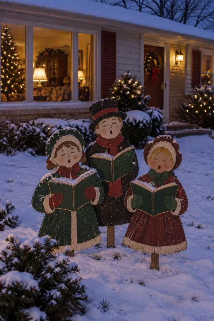 Hand-painted plywood caroler cutouts standing in a snowy front yard