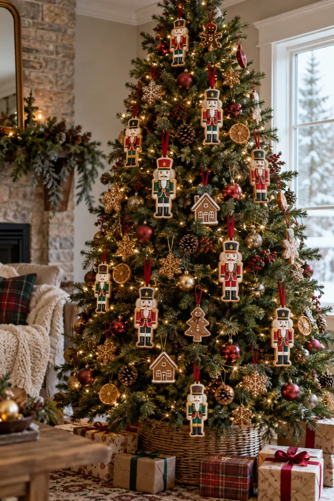 Christmas tree decorated with nutcracker-shaped sugar cookies hanging on ribbon