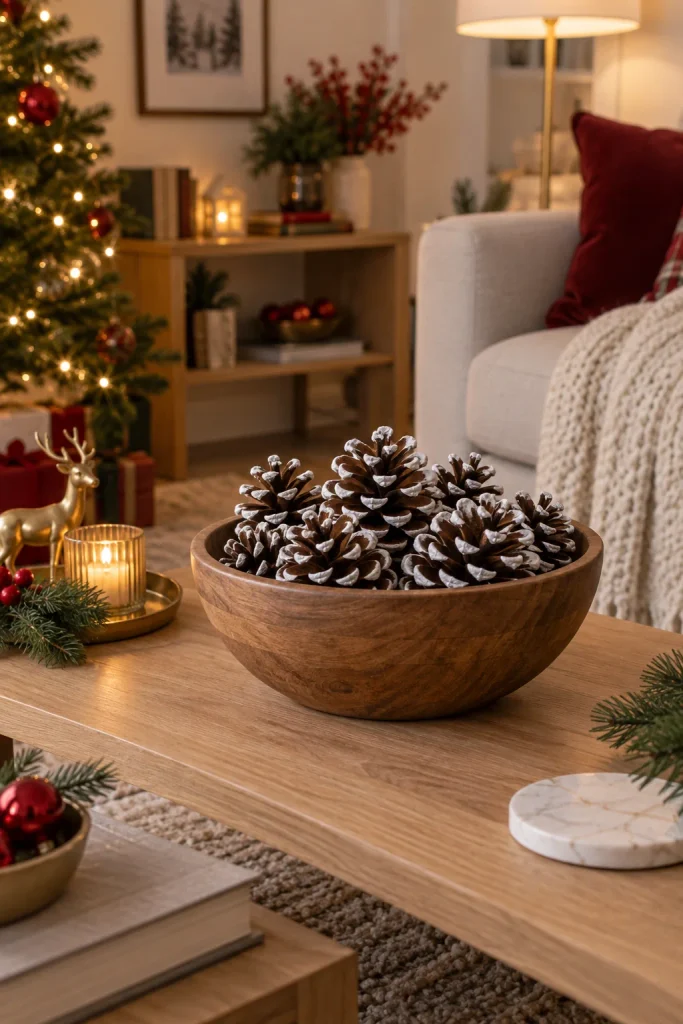Wooden bowl of pine cones with white-painted tips on a coffee table