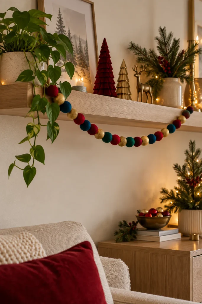 Felt ball garland in emerald, ruby, sapphire, and gold draped along a floating shelf