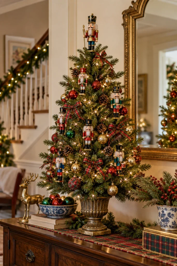 Tabletop Christmas tree on a console table with mini nutcracker ornaments