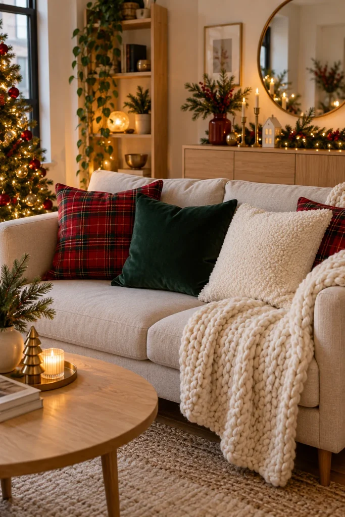 Small sofa with red plaid, green velvet, and cream sherpa pillows and a chunky knit blanket