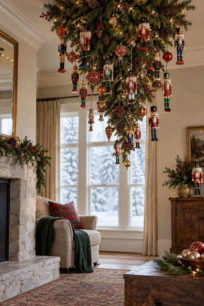 Upside-down Christmas tree with nutcracker ornaments dangling from the branches