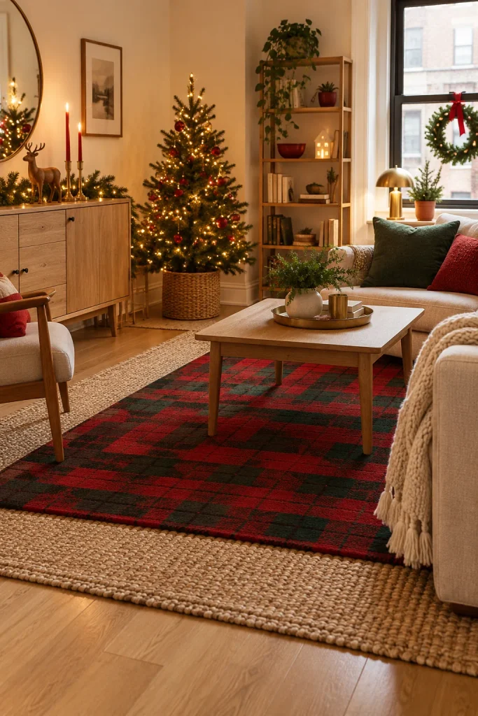 Red and green buffalo check rug layered over a neutral jute rug in a living room