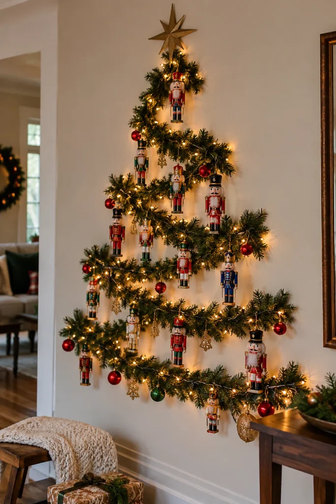 Evergreen garland shaped into a Christmas tree on a wall with nutcracker ornaments