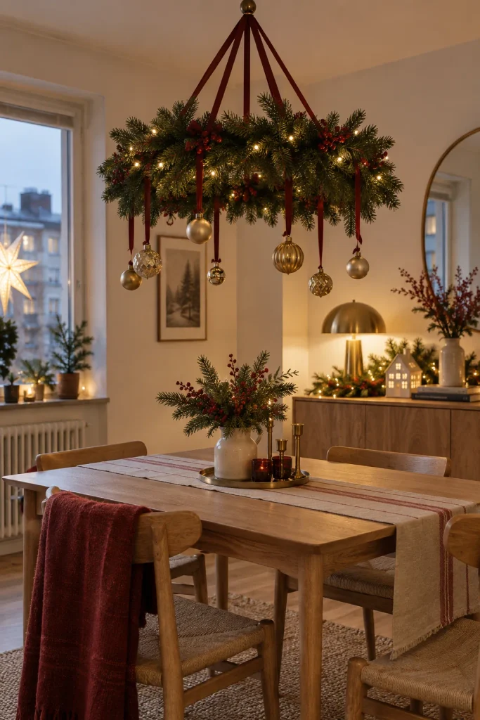 Evergreen wreath hung horizontally above a small dining table with gold ornaments dangling from ribbons