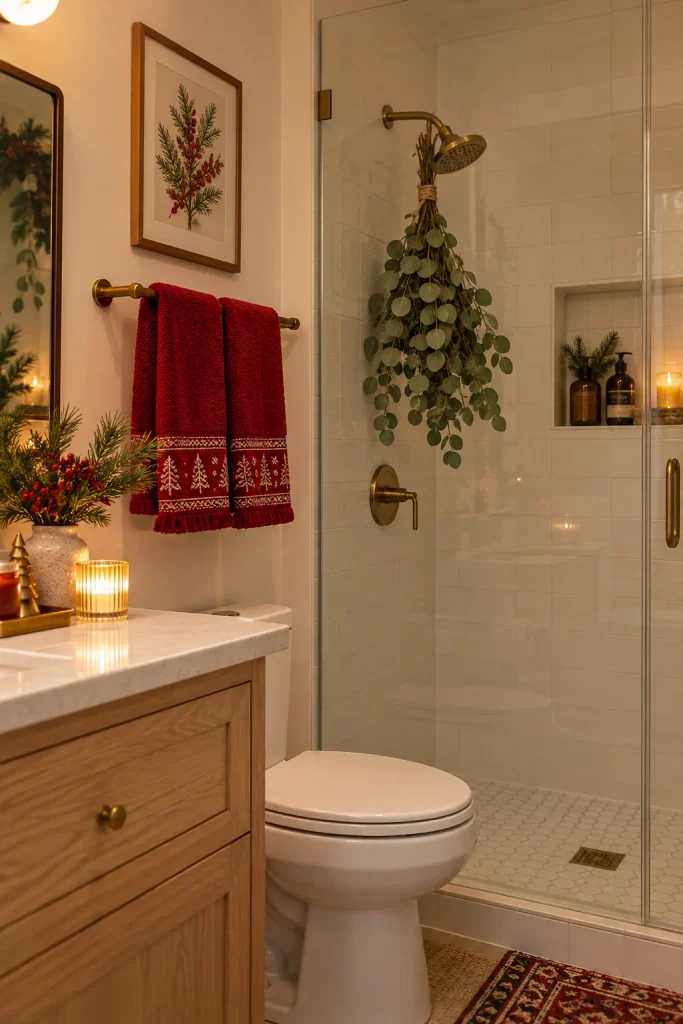 Fresh eucalyptus bundle tied to a shower head with festive red hand towels in the bathroom