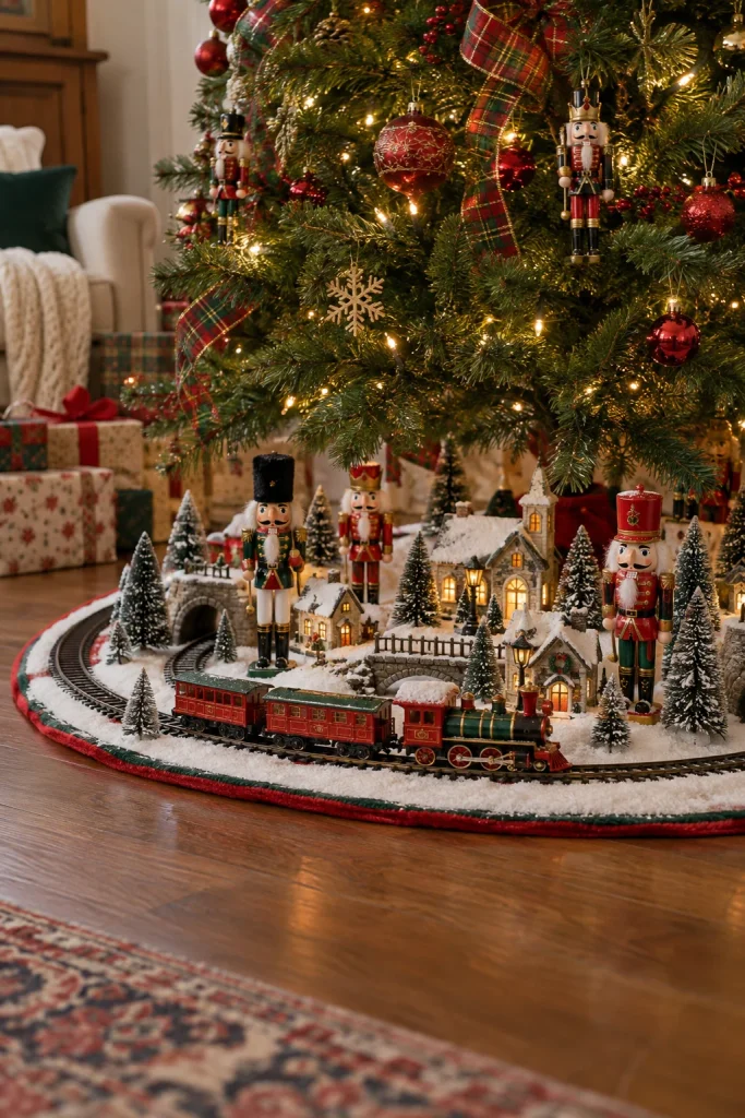 Nutcracker Christmas village with mini houses, faux snow, and a toy train under the tree