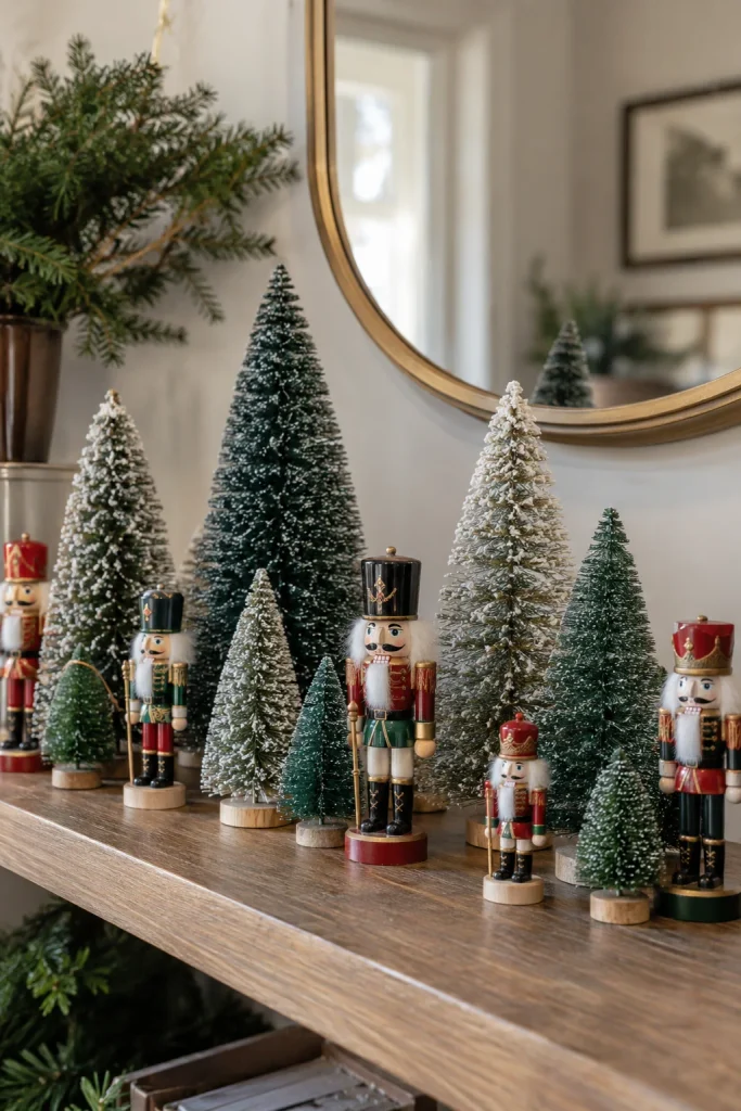 Mini bottle brush trees on a shelf with a tiny nutcracker beside each one