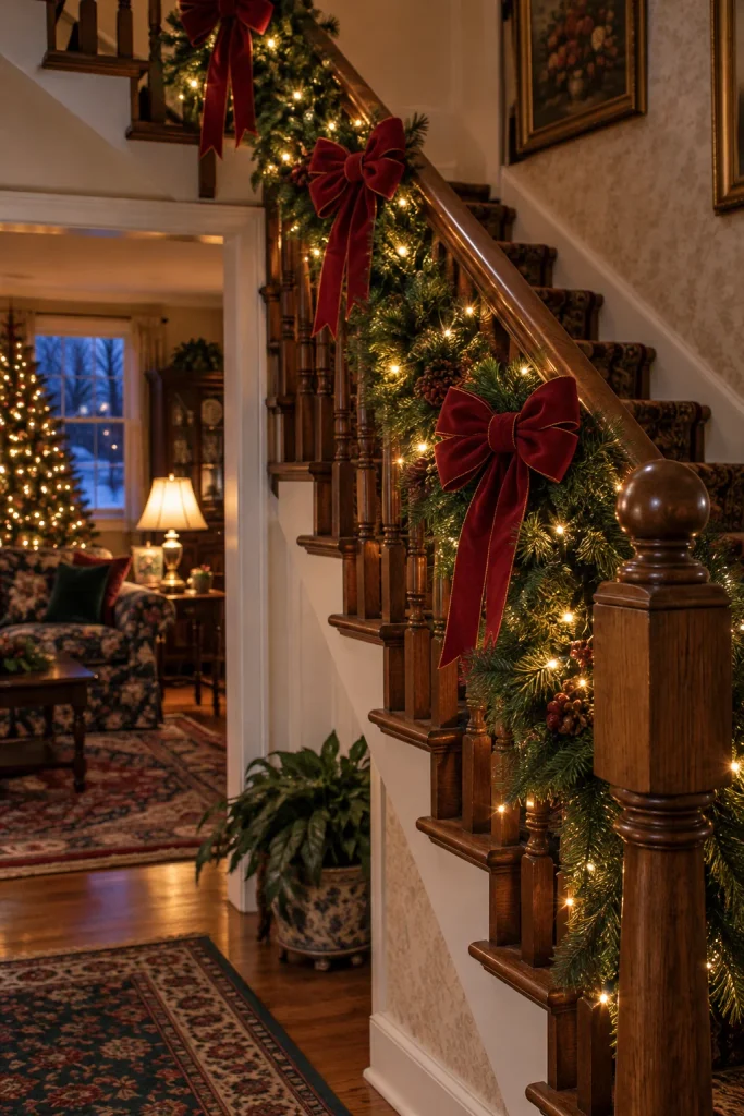 Staircase banister wrapped in lit pine garland with red bows