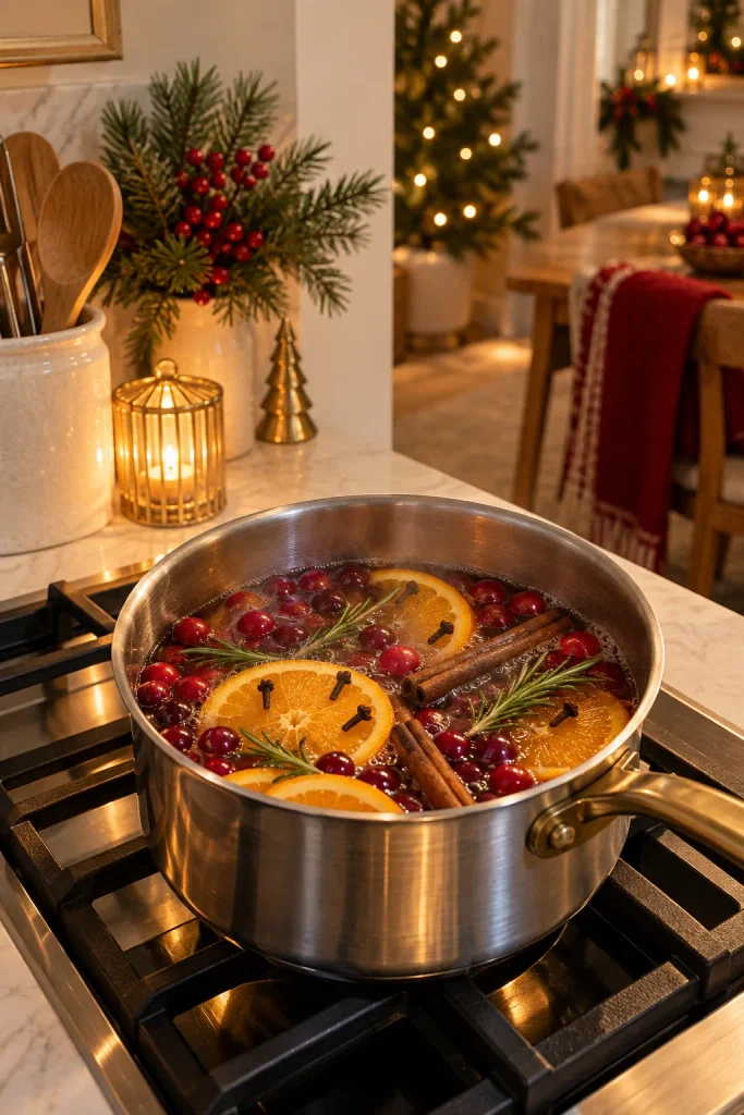 Christmas simmer pot on the stove with orange slices, cranberries, cinnamon sticks, cloves, and rosemary