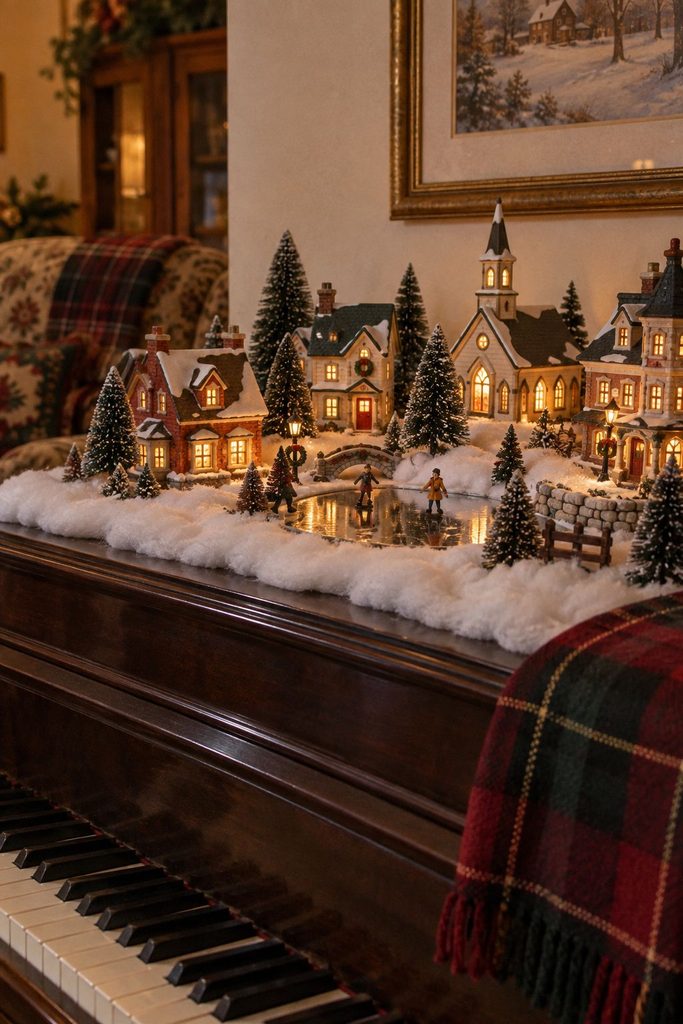 Lit miniature Christmas village houses on cotton batting snow with bottle brush trees