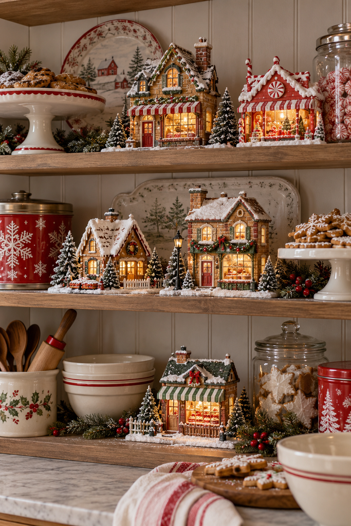 Kitchen open shelves with Christmas village bakery and candy shop houses between cookie tins and cake stands