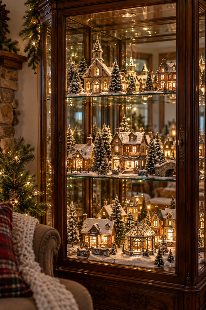 Glass curio cabinet with a mirrored back reflecting rows of lit Christmas village houses