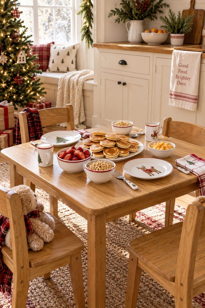 Kids corner with mini pancakes and fruit at a Christmas breakfast buffet
