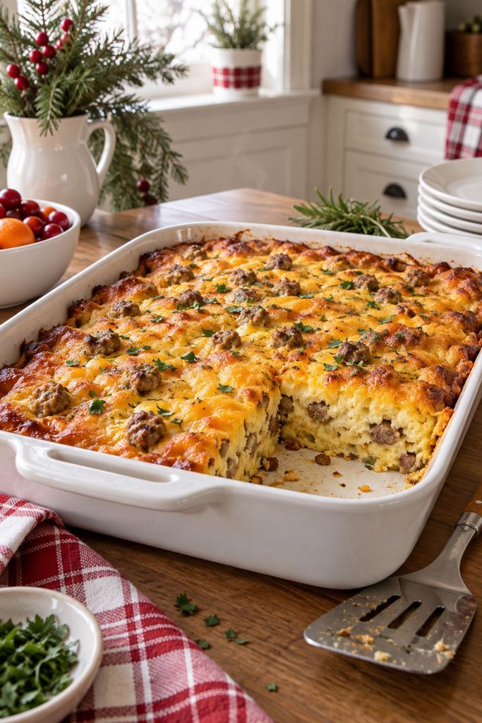 Overnight sausage and egg casserole in a white baking dish for a Christmas breakfast buffet