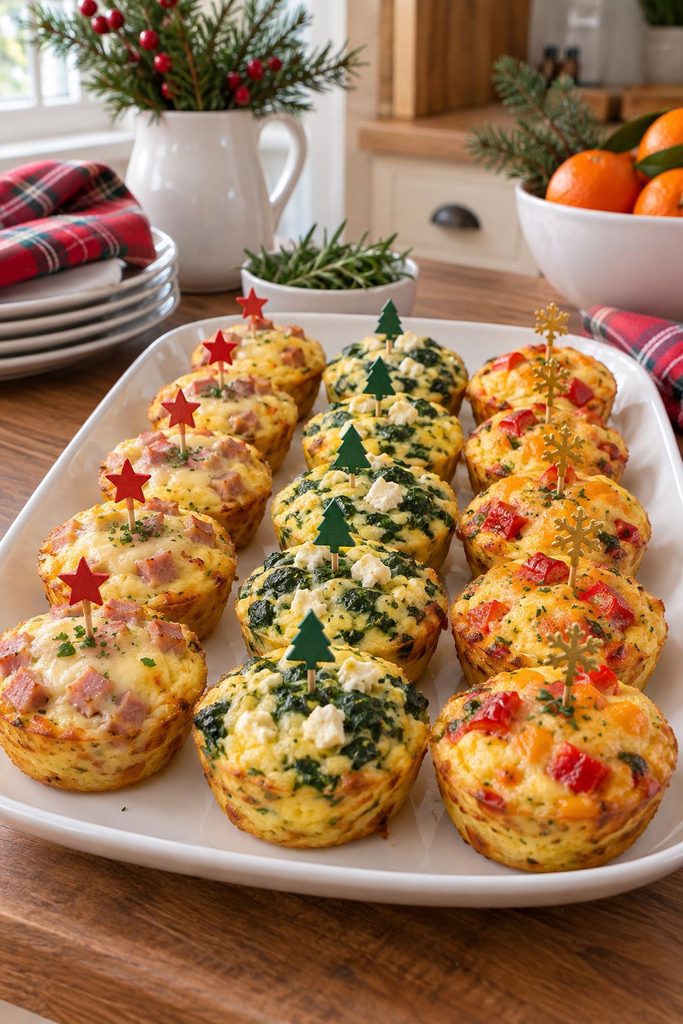 Muffin tin egg bites in three flavors for a Christmas breakfast buffet