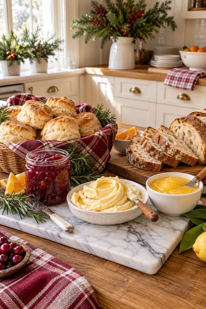 Jam and whipped honey butter board with biscuits for a Christmas breakfast buffet