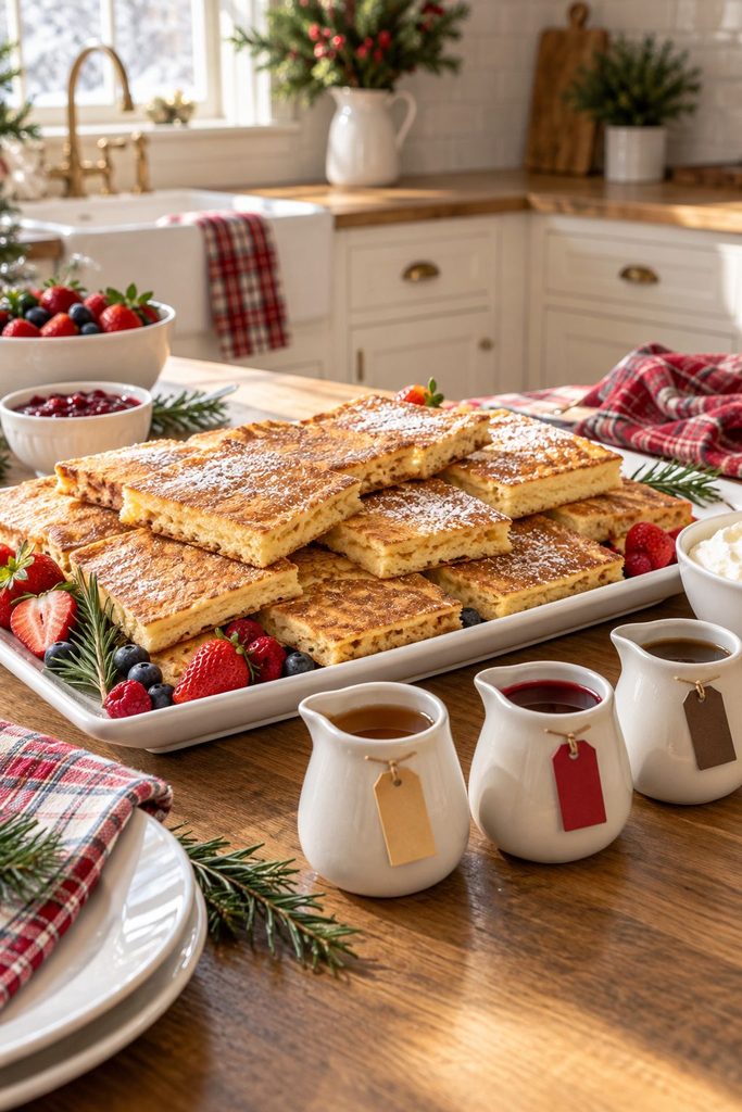 Sheet pan pancakes with three syrups on a Christmas breakfast buffet
