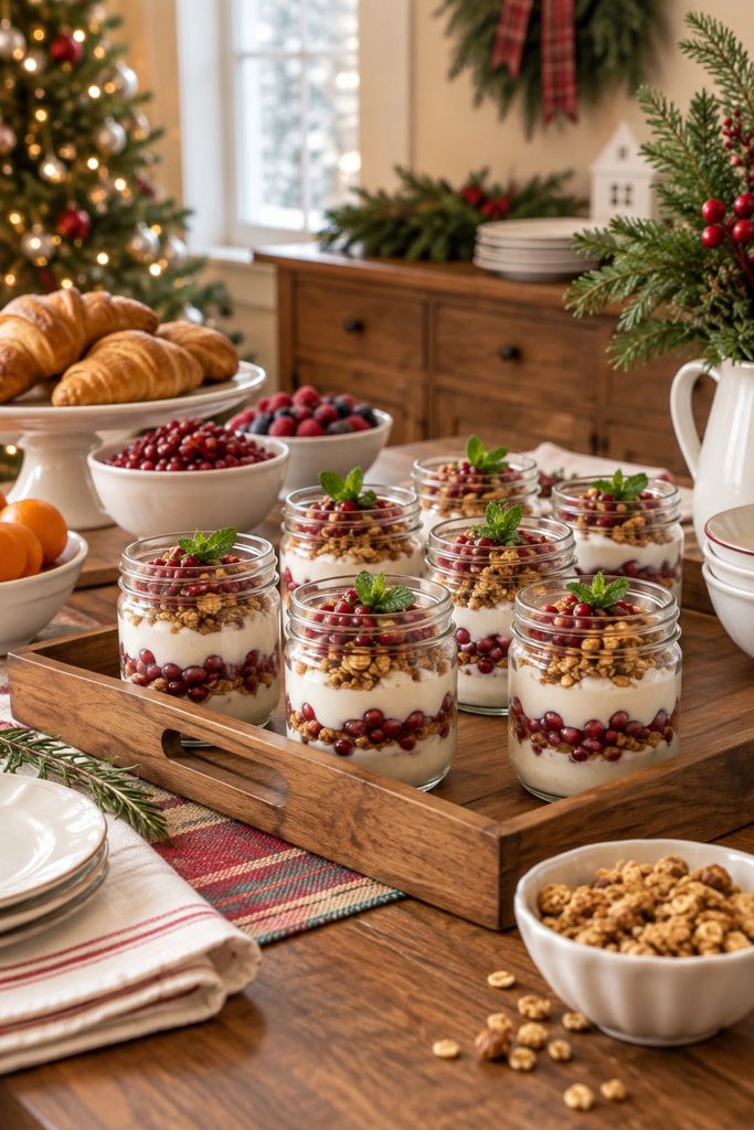 Yogurt parfait jars with pomegranate seeds for a Christmas breakfast buffet