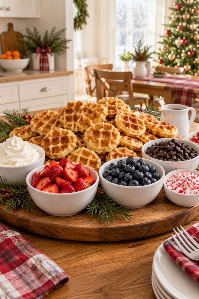 Build-your-own waffle board with toppings for a Christmas breakfast buffet