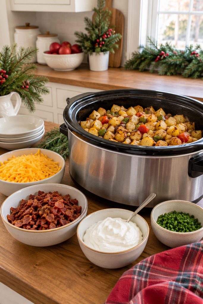 Slow cooker breakfast potatoes with a toppings bar on a Christmas breakfast buffet