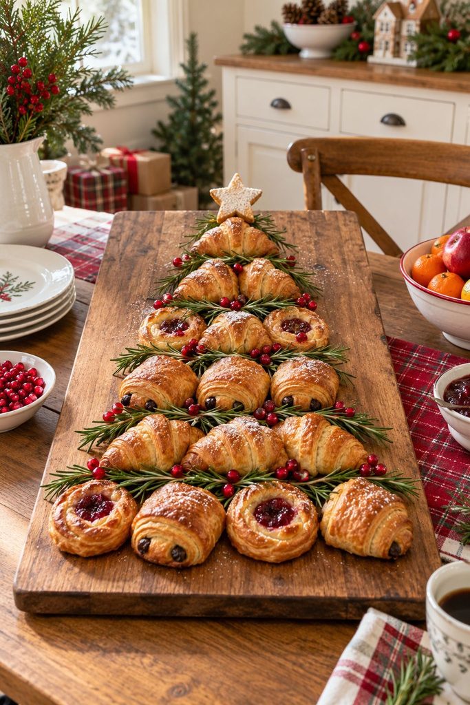 Christmas tree pastry board with croissants and Danishes for a Christmas breakfast buffet
