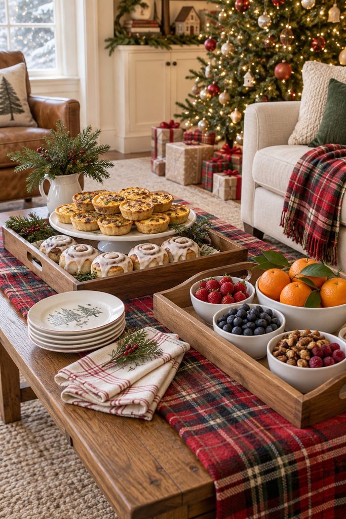 Christmas breakfast buffet trays on a coffee table next to the Christmas tree