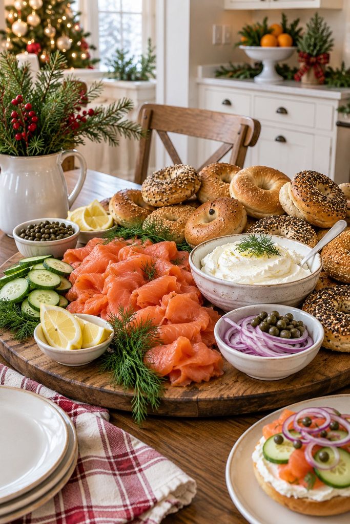 Bagel and smoked salmon board on a Christmas breakfast buffet