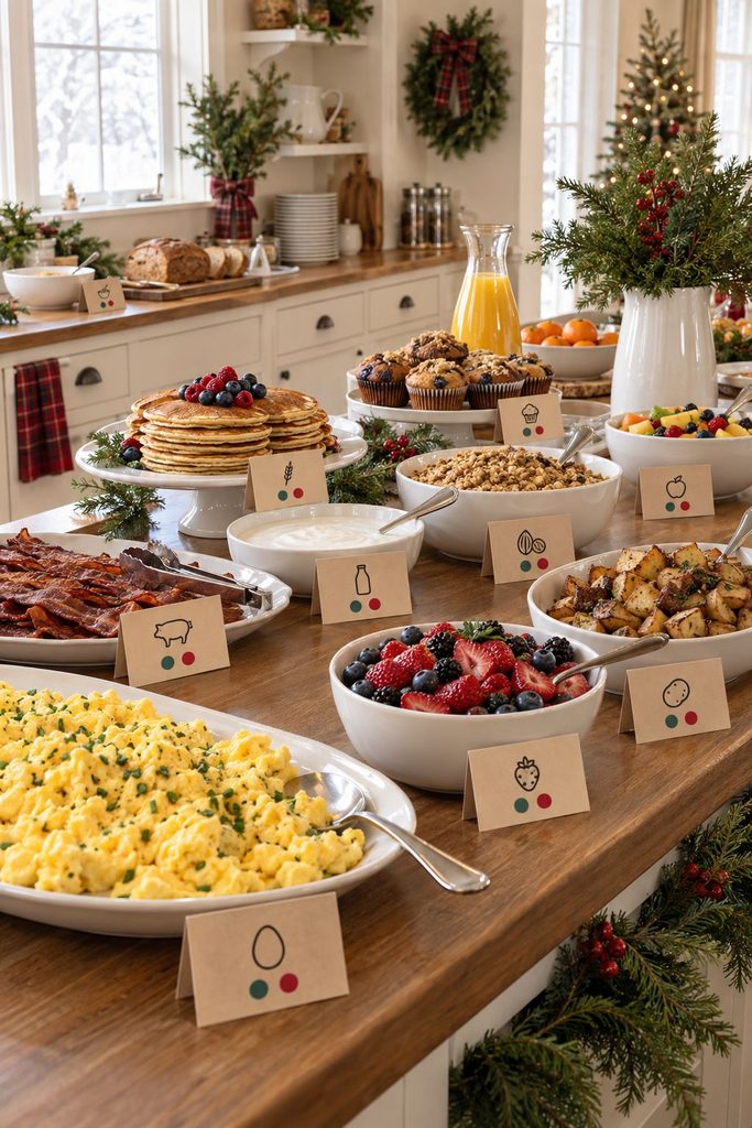Labeled dishes with dietary cards on a Christmas breakfast buffet