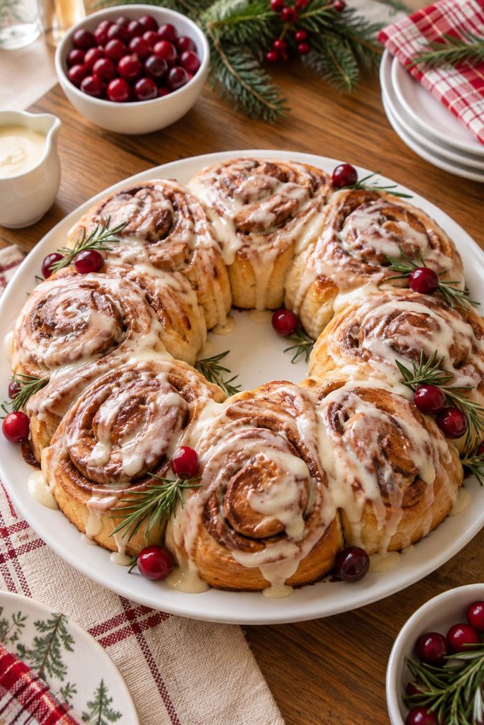 Cinnamon roll wreath centerpiece on a Christmas breakfast buffet